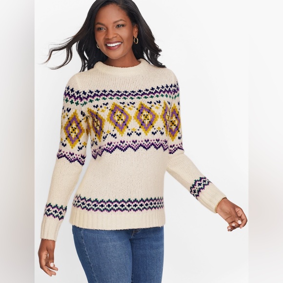 TALBOTS Fair Isle Wool Blend Knit Vintage Inspired Mock Neck Sweater Size Medium - Picture 1 of 12